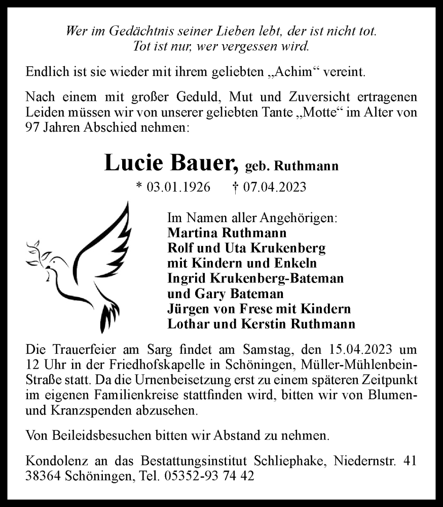  Traueranzeige für Luci Bauer vom 13.04.2023 aus Braunschweiger Zeitung
