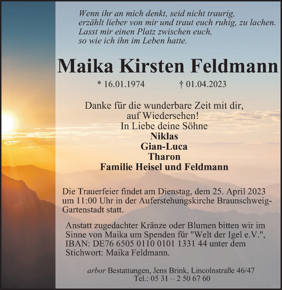 Traueranzeige für Maika Kirsten Feldmann vom 15.04.2023 aus Braunschweiger Zeitung