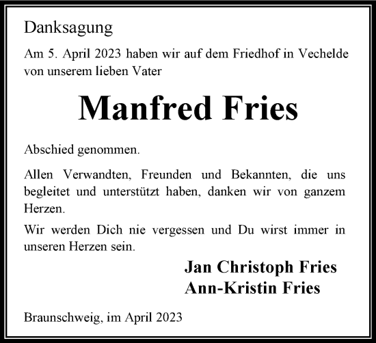Traueranzeige von Manfred Fries von Peiner Nachrichten