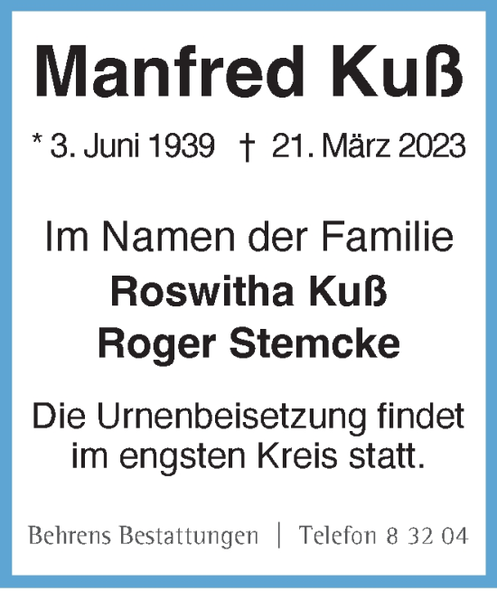 Traueranzeige von Manfred Kuß von Braunschweiger Zeitung