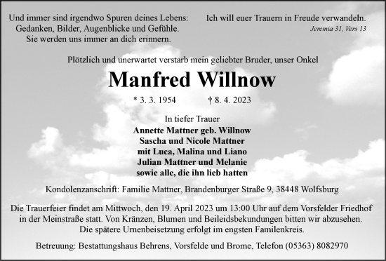 Traueranzeige von Manfred Willnow von Wolfsburger Nachrichten