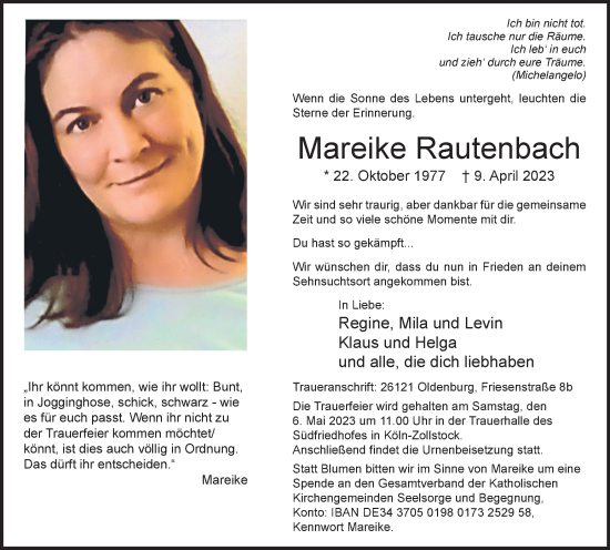 Traueranzeige von Mareike Rautenbach von Wolfsburger Nachrichten