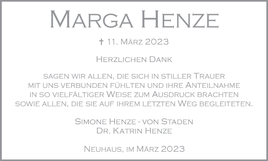 Traueranzeige von Marga Henze von Wolfsburger Nachrichten