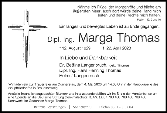 Traueranzeige von Marga Thomas von Braunschweiger Zeitung
