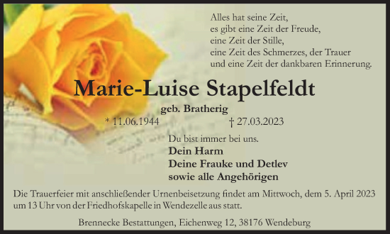 Traueranzeige von Marie-Luise Stapelfeldt von Braunschweiger Zeitung