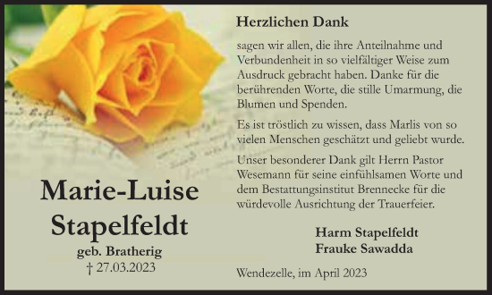 Traueranzeige von Marie-Luise Stapelfeldt von Braunschweiger Zeitung
