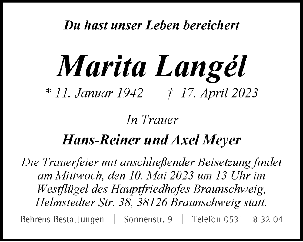  Traueranzeige für Marita Langél vom 29.04.2023 aus Braunschweiger Zeitung