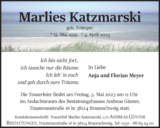 Traueranzeige von Marlies Katzmarski von Braunschweiger Zeitung