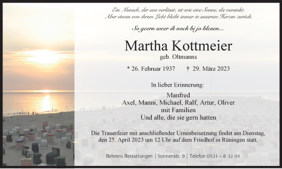 Traueranzeige von Martha Kottmeier von Braunschweiger Zeitung
