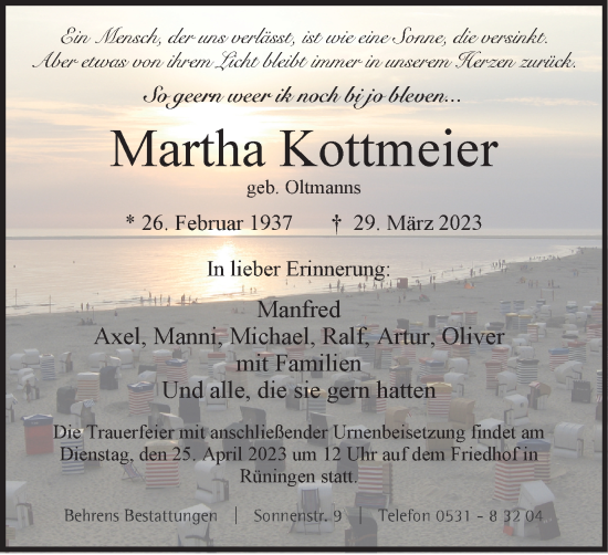 Traueranzeige von Martha Kottmeier von Braunschweiger Zeitung