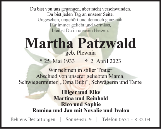 Traueranzeige von Martha Patzwald von Braunschweiger Zeitung
