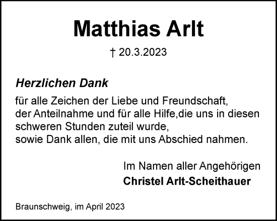 Traueranzeige von Matthias Arlt von Braunschweiger Zeitung