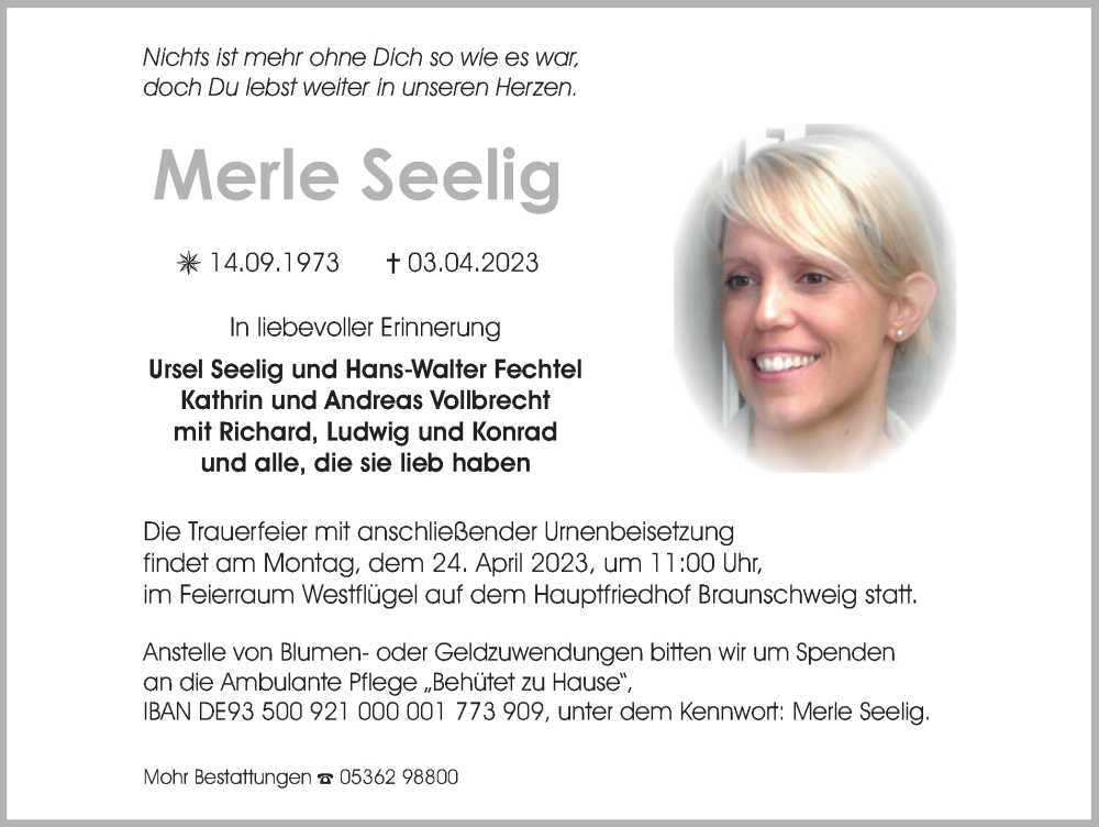  Traueranzeige für Merle Seelig vom 12.04.2023 aus Braunschweiger Zeitung
