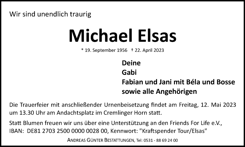  Traueranzeige für Michael Elsas vom 29.04.2023 aus Braunschweiger Zeitung