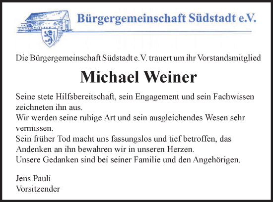 Traueranzeige von Michael Weiner von Braunschweiger Zeitung