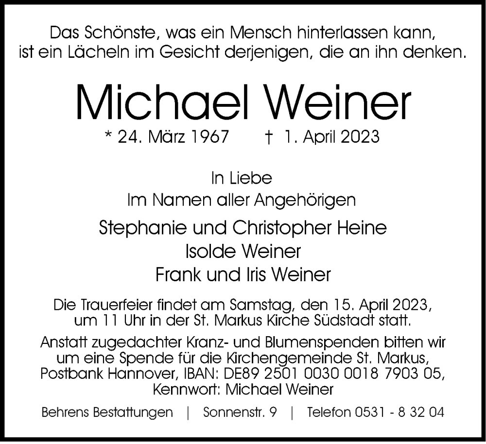  Traueranzeige für Michael Weiner vom 06.04.2023 aus Braunschweiger Zeitung