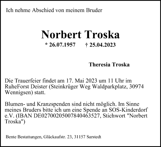 Traueranzeige von Norbert Troska von Braunschweiger Zeitung