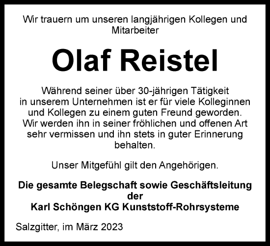 Traueranzeige von Olaf Reistel von Salzgitter-Zeitung