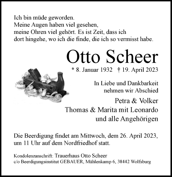 Traueranzeige von Otto Scheer von Wolfsburger Nachrichten