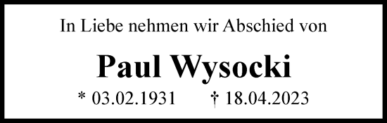 Traueranzeige von Paul Wysocki von Neue Braunschweiger am Samstag