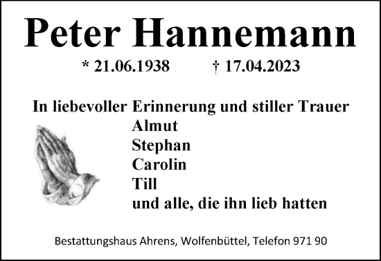 Traueranzeige von Peter Hannemann von Wolfenbütteler Zeitung