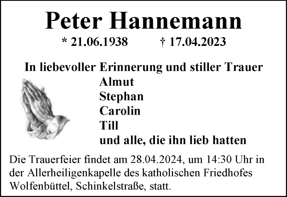  Traueranzeige für Peter Hannemann vom 27.04.2023 aus Braunschweiger Zeitung