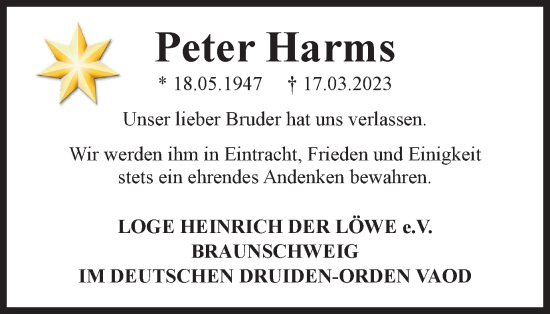 Traueranzeige von Peter Harms von Braunschweiger Zeitung