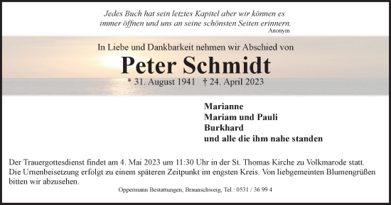 Traueranzeige von Peter Schmidt von Braunschweiger Zeitung