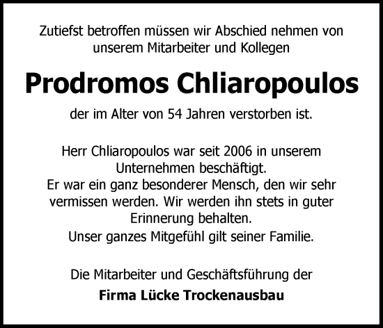 Traueranzeige von Prodromos Chliaropoulos von Braunschweiger Zeitung