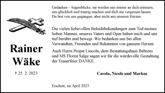 Traueranzeige von Rainer Wäke von Wolfsburger Nachrichten
