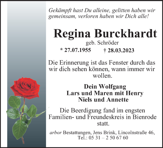 Traueranzeige von Regina Burckhardt von Braunschweiger Zeitung