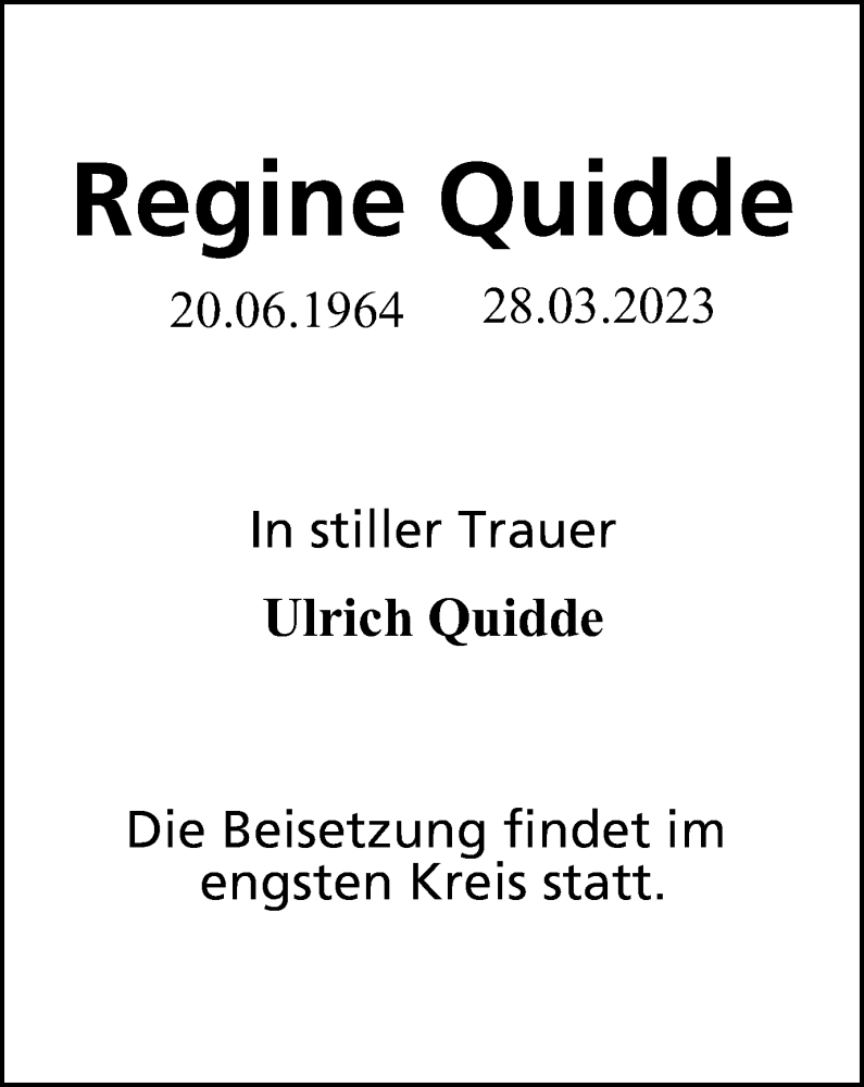  Traueranzeige für Regine Quidde vom 15.04.2023 aus Wolfenbütteler Zeitung