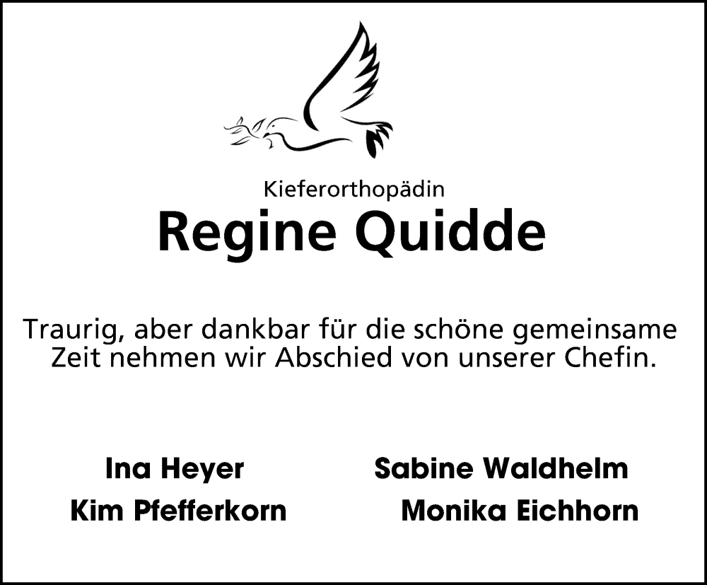  Traueranzeige für Regine Quidde vom 15.04.2023 aus Wolfenbütteler Zeitung