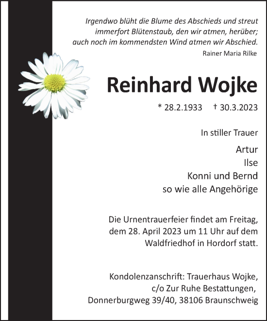 Traueranzeige von Reinhard Wojke von Braunschweiger Zeitung