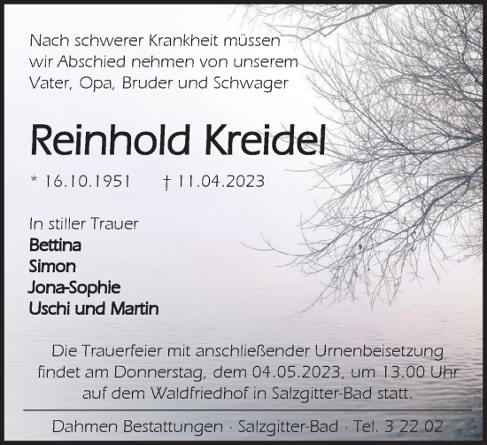 Traueranzeige von Reinhold Kreidel von Salzgitter-Zeitung