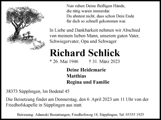 Traueranzeige von Richard Schlick von Helmstedter Nachrichten
