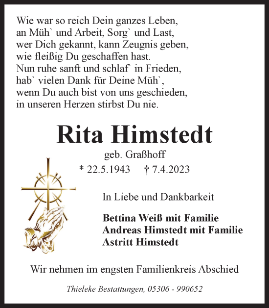 Traueranzeige von Rita Himstedt von Wolfenbütteler Zeitung