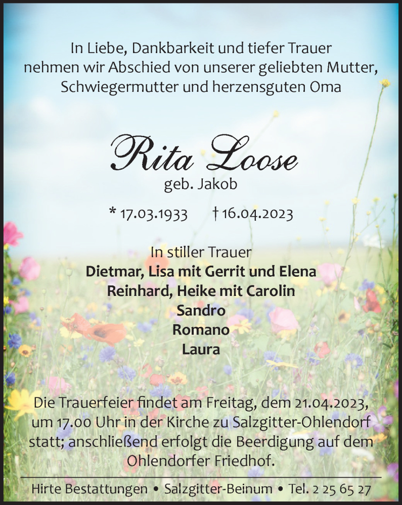  Traueranzeige für Rita Loose vom 19.04.2023 aus Salzgitter-Zeitung