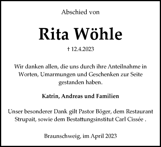 Traueranzeige von Rita Wöhle von Braunschweiger Zeitung
