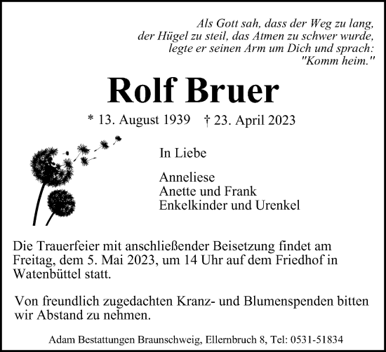 Traueranzeige von Rolf Bruer von Braunschweiger Zeitung