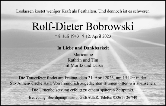 Traueranzeige von Rolf-Dieter Bobrowski von Wolfsburger Nachrichten