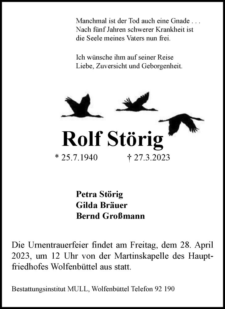  Traueranzeige für Rolf Störig vom 22.04.2023 aus Wolfenbütteler Zeitung
