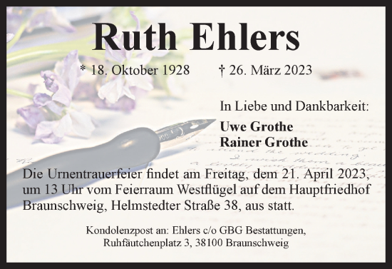 Traueranzeige von Ruth Ehlers von Braunschweiger Zeitung