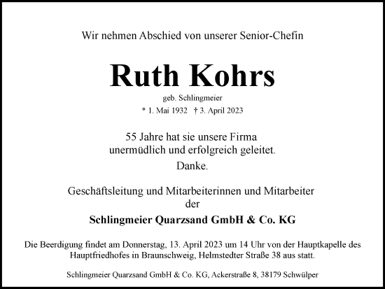 Traueranzeige von Ruth Kohrs von Braunschweiger Zeitung, Helmstedter Nachrichten