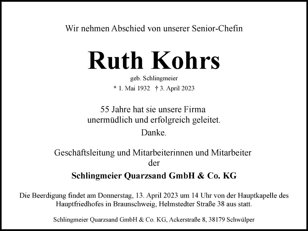 Traueranzeige für Ruth Kohrs vom 08.04.2023 aus Braunschweiger Zeitung, Helmstedter Nachrichten