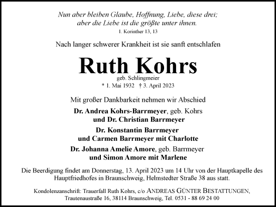 Traueranzeige von Ruth Kohrs von Braunschweiger Zeitung, Helmstedter Nachrichten