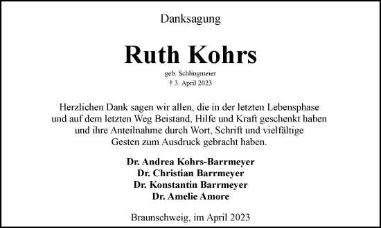 Traueranzeige von Ruth Kohrs von Braunschweiger Zeitung