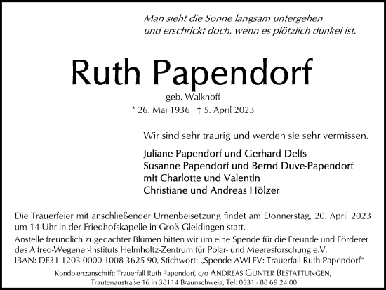 Traueranzeige von Ruth Papendorf von Braunschweiger Zeitung