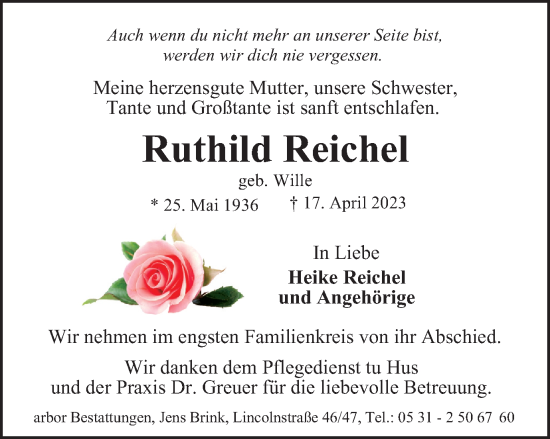 Traueranzeige von Ruthild Reichel von Braunschweiger Zeitung