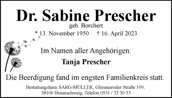 Traueranzeige von Sabine Prescher von Braunschweiger Zeitung